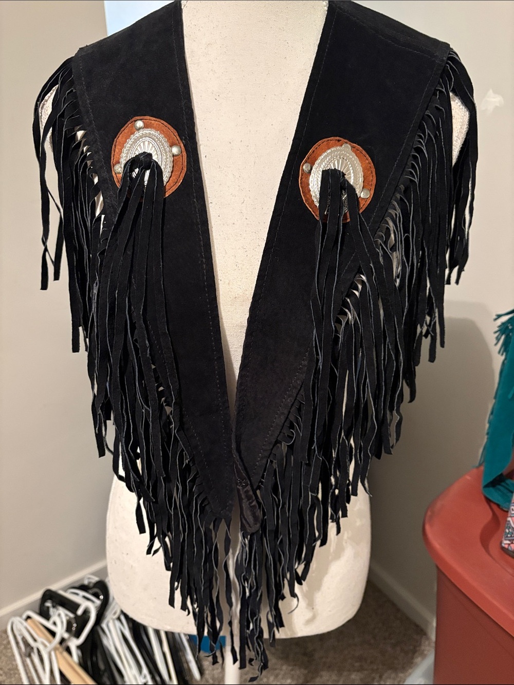 Fringed Black Suede Vest with Decorative Conchos